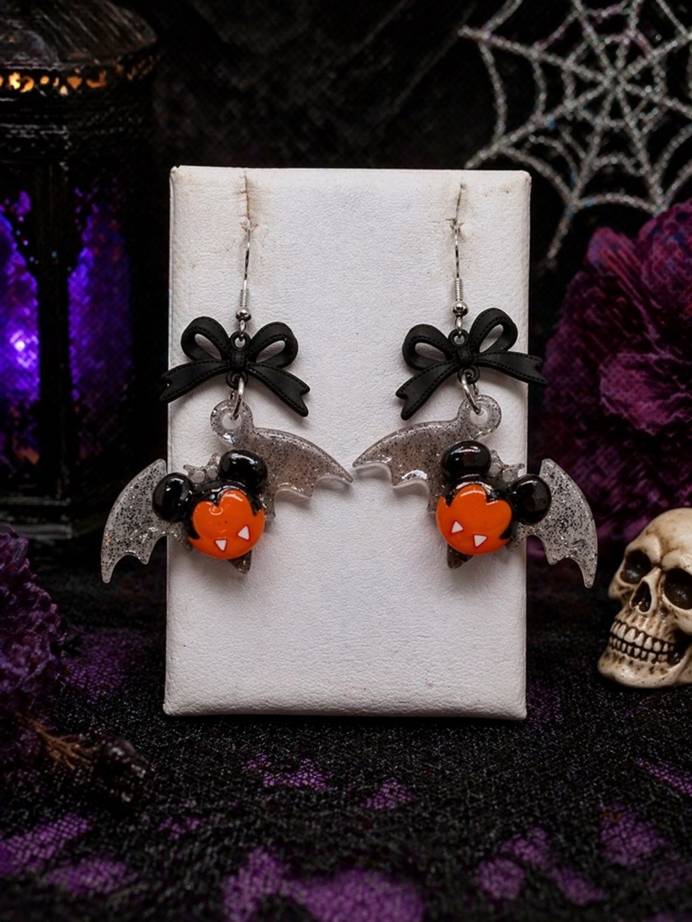 Halloween Bat Heart Dangle Earrings with Black Bow - Orange & Black